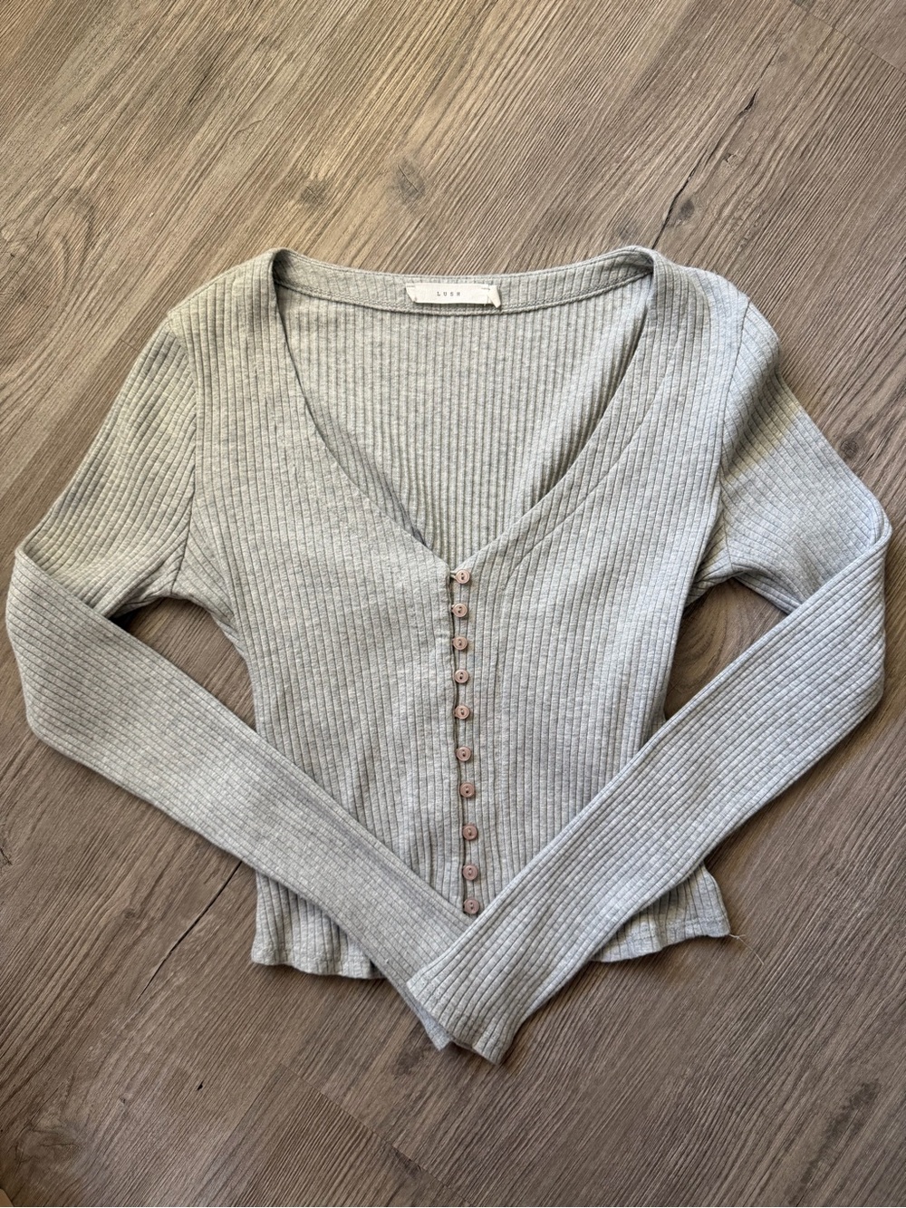 Lush Ribbed V-Neck Button Front Top - Light Gray